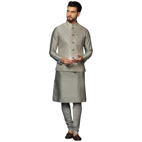 KISAH Herren Silber Kurta Jacke Churidar Set Baumwollmischung Gewebtes Design Volle Ärmel Gerade Regular Fit Mandarinkragen Ethno Freizeitkleidung, Silber, 40 von KISAH