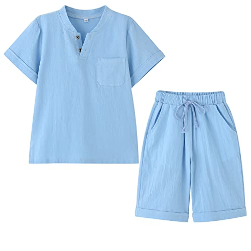 KISLOVE Jungen Sommer kleidung Henley Kragen Kurze Ärmel Hemd mit Shorts Baumwolle Leinen Set 2 Stück Kinder Lässig Outfits Blau 4 Jahre von KISLOVE