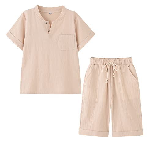 KISLOVE Jungen Sommer kleidung Henley Kragen Kurze Ärmel Hemd mit Shorts Baumwolle Leinen Set 2 Stück Kinder Lässig Outfits Khaki 6 Jahre von KISLOVE