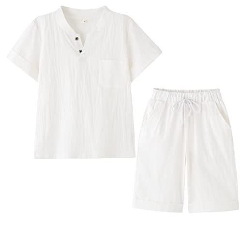 KISLOVE Jungen Sommer kleidung Henley Kragen Kurze Ärmel Hemd mit Shorts Baumwolle Leinen Set 2 Stück Kinder Lässig Outfits Weiß 5 Jahre von KISLOVE