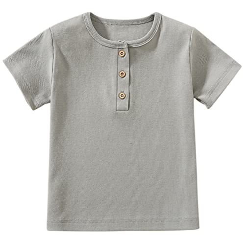 KISLOVE Jungen T-Shirt Kurzarm Henley Kinder Oberteile Sommer Basic Baumwolle Shirts für Kinde Hellgrau,7 Jahre von KISLOVE