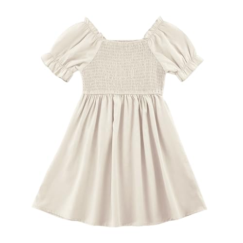 KISLOVE Mädchen Kleid Sommer quadratischer Hals Kleider Rüschen Puffärmel A-Linie Rock Kinder solide Farbe lässig Geburtstag Party Hochzeit, Beige 7-8 Jahre von KISLOVE