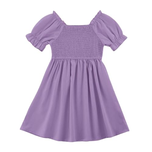 KISLOVE Mädchen Kleid Sommer quadratischer Hals Kleider Rüschen Puffärmel A-Linie Rock Kinder solide Farbe lässig Geburtstag Party Hochzeit, Lila 7-8 Jahre von KISLOVE