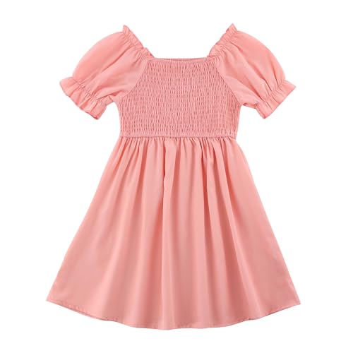 KISLOVE Mädchen Kleid Sommer quadratischer Hals Kleider Rüschen Puffärmel A-Linie Rock Kinder solide Farbe lässig Geburtstag Party Hochzeit, Rosa 9-10 Jahre von KISLOVE