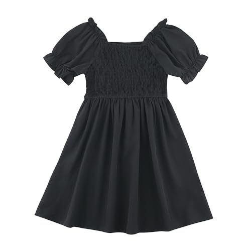 KISLOVE Mädchen Kleid Sommer quadratischer Hals Kleider Rüschen Puffärmel A-Linie Rock Kinder solide Farbe lässig Geburtstag Party Hochzeit, Schwarz 4-5 Jahre von KISLOVE