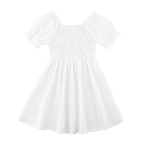 KISLOVE Mädchen Kleid Sommer quadratischer Hals Kleider Rüschen Puffärmel A-Linie Rock Kinder solide Farbe lässig Geburtstag Party Hochzeit, Weiß 4-5 Jahre von KISLOVE
