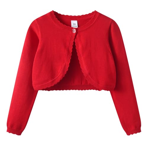 KISLOVE Mädchen Strickjacke Langarm Shrug Baumwolle EIN-Knopf Bolero Kinder Sweatshirt Hochzeit Kommunionkleid Taufekleid Mantel Strickwaren Rot 8-9 Jahre von KISLOVE