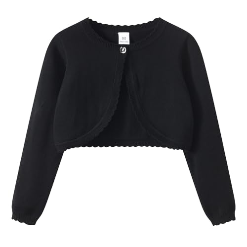 KISLOVE Mädchen Strickjacke Langarm Shrug Baumwolle EIN-Knopf Bolero Kinder Sweatshirt Hochzeit Kommunionkleid Taufekleid Mantel Strickwaren Schwarz 10-11 Jahre von KISLOVE