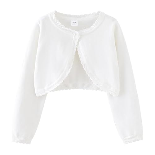 KISLOVE Mädchen Strickjacke Langarm Shrug Baumwolle EIN-Knopf Bolero Kinder Sweatshirt Hochzeit Kommunionkleid Taufekleid Mantel Strickwaren Weiß 2-3 Jahre von KISLOVE