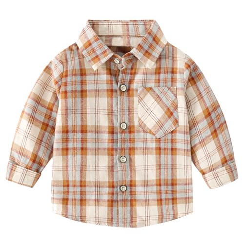Little Boy Warm Kariert Button-Down Hemd Baumwolle Kinder Langarm Flanell Plaid Hemd Schulhemden 90-130, Orange, 90 cm von KISLOVE