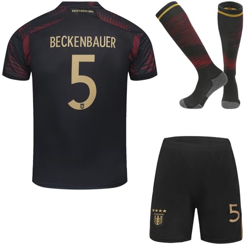 KISRAS Legende Beckenbauer #5 Auswärts Kinder Fußball Trikot & Shorts mit Socken Nostalgie Jugendgrößen (Schwarz,26) von KISRAS