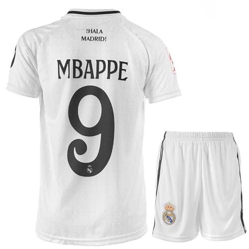 KISRAS R. Madrid Mbappe #9 Heim 2024/2025 Fußball Kinder Trikot Shorts Geschenk Set Jugendgrößen (Weiß,164) von KISRAS