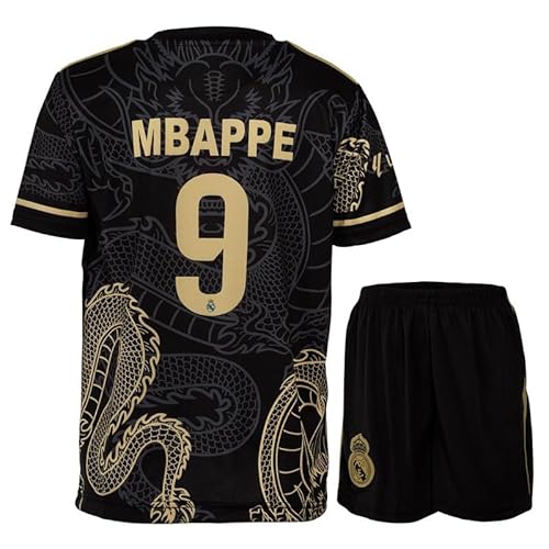 KISRAS R. Madrid Mbappe #9 Retro Goldener Schwarzer Drache Limitierte Sonderedition Seltenes Fußball Kinder Trikot Shorts Set Jugendgrößen (Schwarz,176) von KISRAS