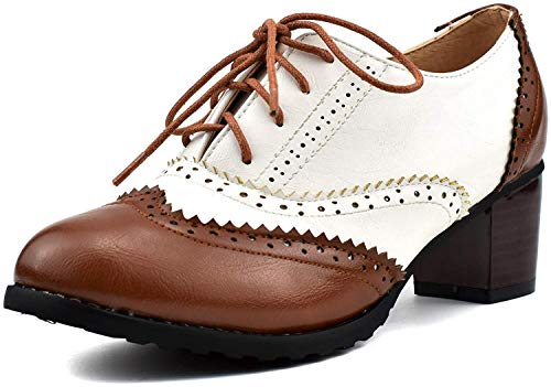 KISSASA Damen Budapester mit Blockabsatz und hohem Absatz im Vintage-Stil, Schnürschuh, Braun - braun - Größe: 40.5 EU von KISSASA