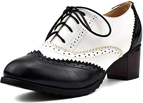 KISSASA Damen Budapester mit Blockabsatz und hohem Absatz im Vintage-Stil, Schnürschuh, Schwarz - Schwarz - Größe: 40.5 EU von KISSASA