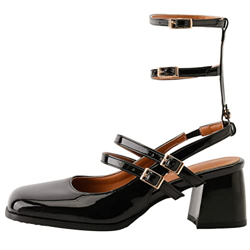 KISSASA Punk Goth Chunky Mary Janes Lackleder Slingback Square Toe Pumps Metallic Heels, Riemen, Schwarz, 38.5 EU von KISSASA