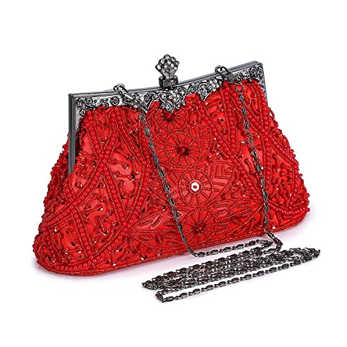 KISSCHIC Clutch-börsen für Damen, Vintage-Stil, mit Perlen besetzt, Handtaschen für Hochzeit, Party, Rot (rot), Large von KISSCHIC