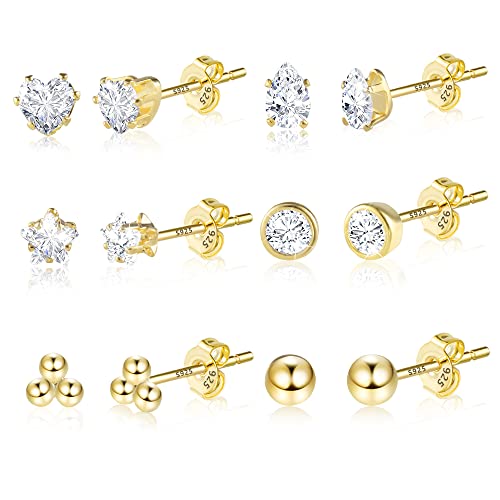 Kleine Gold Ohrstecker Ohrringe Set für Damen , 6 Paar 925 Silber Ohrringe Set Damen Zirkonia Knorpel Kleine Ohrstecker Set Hypoallergen Gold Ohrstecker für Mädchen von KISSPAT