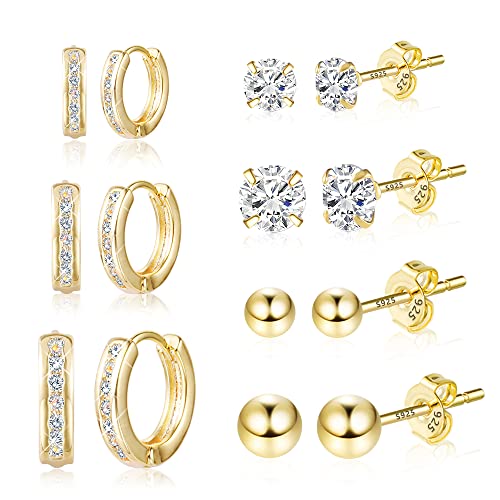 Gold Ohrstecker Creolen Ohrringe Set für Damen, 7 Paar 14 Karat Gold CZ-Kugelstecker Creolen Hypoallergen Knorpel Kleine Huggie Creolen Piercing Ohrringe Gold für Mehrere Ohrlöcher von KISSPAT