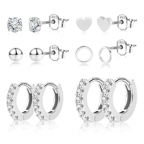 Silber 925 Ohrringe Set für Damen, 6 Paare Ohrstecker Creolen Set Hypoallergen Kugel Herz CZ Ohrringe Glitzer Ohrstecker Zirkon Huggie Creolen für Mehrere Piercings von KISSPAT