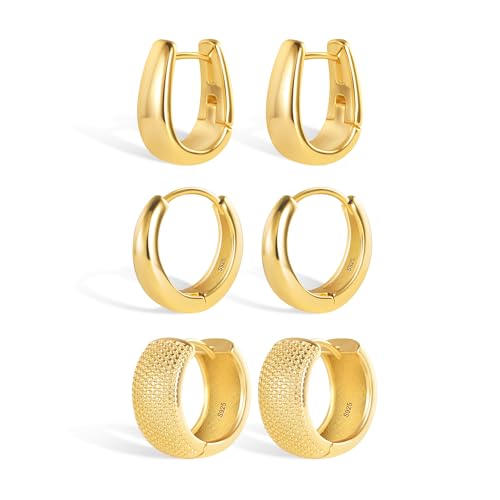 Gold Ohrringe Kleine Creolen Set für Damen, 3 Paar Kleinen Klobigen Creolen Sterling silber Ohrringe Hypoallergen Ovale Creolen Tropfenförmige Ohrringe Dicke Breit Creolen Set für Mehrere Ohrlöcher von KISSPAT