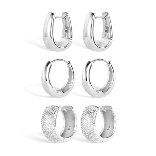 Silber 925 Ohrringe: Kleine Creolen Set für Damen - 3 Paar Klobige, Ovale und Tropfenförmige Ohrringe für Mehrere Ohrlöcher von KISSPAT