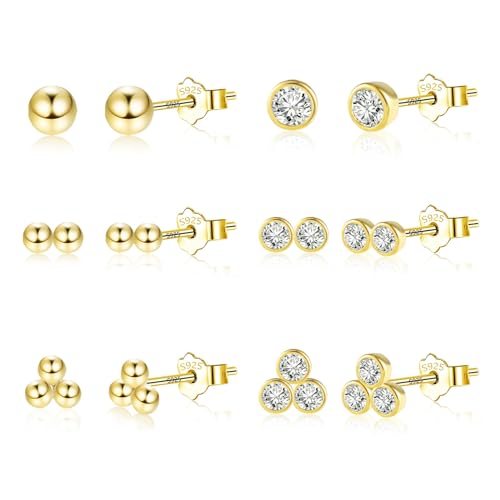 Kleine Gold Ohrstecker Ohrringe Set für Damen und Mädchen, 6 Paar 14K Gold Ohrstecker Set Sterlingsilber Ohrringe Zirkonia Kugel kleine Punkte Ohrstecker Gold Set für für mehrere Piercings von KISSPAT