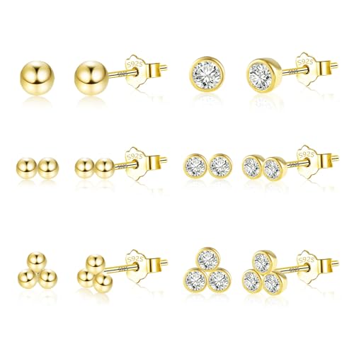 Kleine Gold Ohrstecker und Ohrringe Set für Damen und Mädchen - 6 Paar 14K Gold Ohrstecker mit Zirkonia Kugeln für mehrere Piercings von KISSPAT