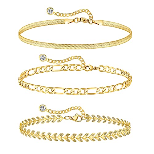 KISSPAT Gold Fußkettchen Armband für Damen – 3 Set Verstellbare Damen Armband Fußkettchen Klassische Herringbone Schlangenkette Layer Armbänder Verstellbare Fußkettchen Schmuck Geschenke 26,9 cm von KISSPAT