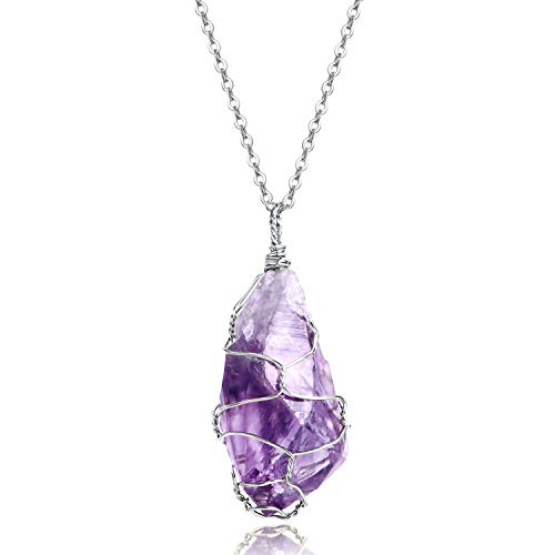 KISSPAT Amethyst Kette, Echt Natürlich Kristall Stein Anhänger Heilstein Schmuck, 30'' Lange Kette von KISSPAT