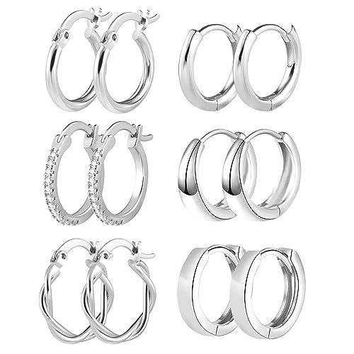 Creolen Ohrringe Set, 6 Paar Creolen Silber Kleine für Damen, Hypoallergen Knorpel Huggie Gold Creolen Piercing Ohrringe für Mehrere Ohrlöcher von KISSPAT