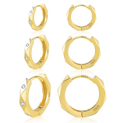 kleine Gold Creolen Ohrringe Set für Damen, 3 Paar 14K Gold Ohrringe Sterlingsilber kubischer Zirkonia diamantgeschliffene Kleine Huggie Ohrringe Set Schlafknorpel Creolen set für mehrere Piercings von KISSPAT