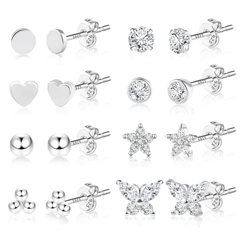 Silber 925 Kleine Ohrstecker Ohrringe Set für Damen, 8 Paar Hypoallergen Sterlingsilber Ohrringe Set Herz Kugel Pad Schmetterling Kleine Ohrringe Set Zirkonia Silber Ohrstecker Set mehrere Piercings von KISSPAT