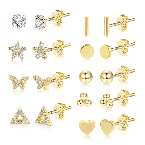 Kleine Gold Ohrstecker - Damen Ohrringe Set, 9 Paar Hypoallergenes Sterlingsilber, 14 Karat Gold Herz, Dreieck, Schmetterling, Blume Ohrstecker Set für mehrere Piercings von KISSPAT