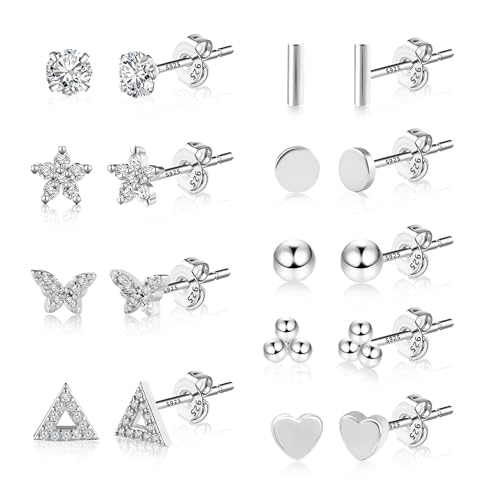 Kleines Ohrstecker Set für Damen, 9 Paar Hypoallergen Sterlingsilber Kugelstab-Pad Herz Dreieck Schmetterling Blume CZ flache Scheibe schlafender Knorpel Silber-Ohrstecker mehrere Piercings von KISSPAT