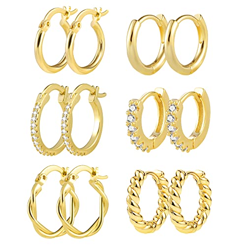 Gold Creolen Set für Damen, 6 Paar Polierte Zirkonia Gedrehte Kleine Huggie-Creolen, Hypoallergen Knorpel Huggie Klobiges Gold Creolen Piercing Ohrringe für Mehrere Ohrlöcher von KISSPAT