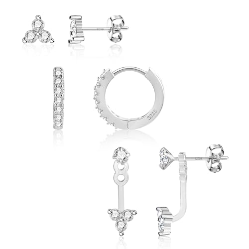 Silber 925 Kleine Ohrstecker Ohrring Set für Damen, 3 Paar kleine CZ Blumen Ohrstecker Huggie Creolen Ohrring aus Sterlingsilber hypoallergene Minimalistisches Knorpelohrringe für mehrere Piercings von KISSPAT