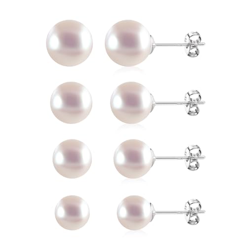 Perlen Ohrstecker Set für Damen, 4 Paar hypoallergen 925er Sterlingsilber rosa Perlen-Ohrstecker Schmuck Geschenk für Mädchen 6, 8, 10, 12 mm von KISSPAT