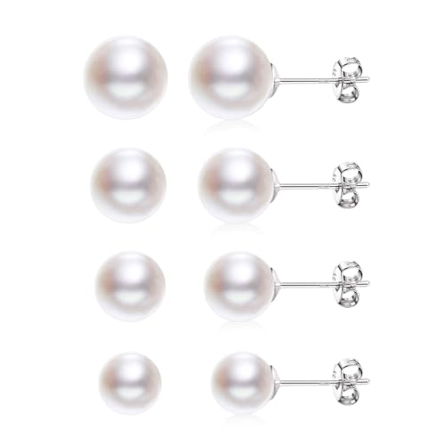 Perlen-Ohrstecker-Set für Damen und Mädchen, hypoallergen, 925er Sterlingsilber, weiße Perlen-Ohrstecker, Schmuck, Geschenk (4 Paar, 6, 8, 10, 12 mm) von KISSPAT