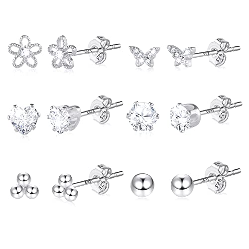 Silber 925 Ohrstecker Kleine Ohrringe Set Damen, 6 Paar Multipack Sterling Silber Ohrstecker Knorpel Set Ohrringe Kleine Silber Glitz Kugel Schmetterling Damen Mädchen Kind für Mehrere Ohrlöcher von KISSPAT