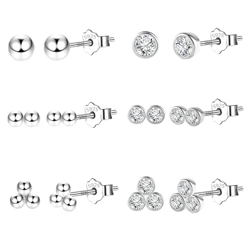 Silber Ohrstecker Ohrringe Set für Damen und Mädchen, 6 Paar Sterlingsilber runder Zirkonia und Kugel winzige silberne Punkt Ohrstecker Set Geschenk für mehrere Piercings von KISSPAT