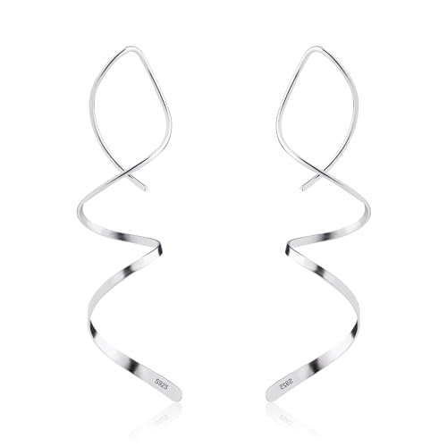 Silber 925 Lange Ohrringe Ohrstecker für Damen, Spiral Einfädler Ohrringe aus 925er Sterlingsilber Ohrstecker handgefertigt modisch gedreht linear gebogen Tropfen Ohrringe Lange Ohrringe für Damen von KISSPAT