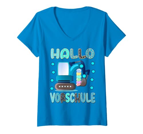 Damen Bagger VORSCHULKIND MÄDCHEN PÄDAGOGIN Junge Vorschule T-Shirt mit V-Ausschnitt von KITA KINDERGARTEN GRUNDSCHULE SCHULANFANG