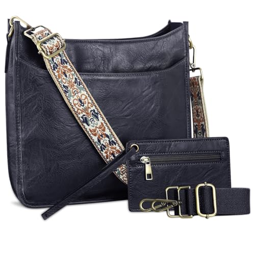 KITATU Crossbody-Taschen für Damen, Hobo-Handtaschen, Schulter-Designer-Geldbörse, veganes Leder, Reißverschluss-Tasche mit 2 verstellbaren Riemen, 2 Stück, Marineblau, Medium, modisch von KITATU