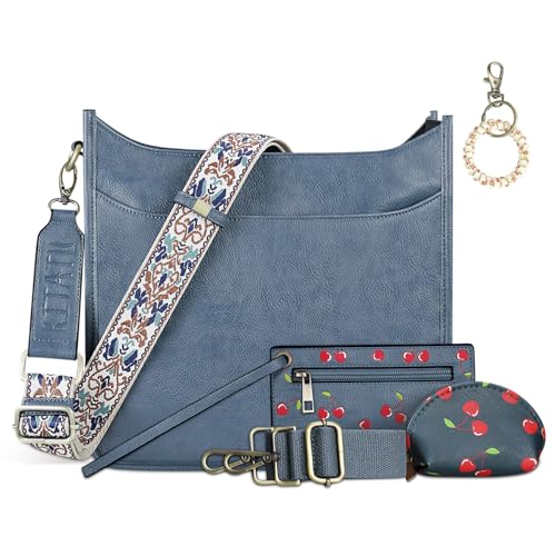 KITATU Umhängetaschen für Damen, Hobo-Handtaschen, Cherry's Wallet Set, veganes Leder, Schultertasche, 2 verstellbare Gitarrengurte, Blue-N von KITATU