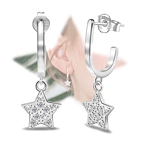Star Ohrringe für Mädchen - Sterling Silber Sterne Hoop Ohrringe für Frauen hypoallergene Hälfte Hoop Ohrringe für Jugendliche Cubic Zirkonia Stern geformt Huggie Ohrringe Geschenke für Weihnachten von KITEENAL