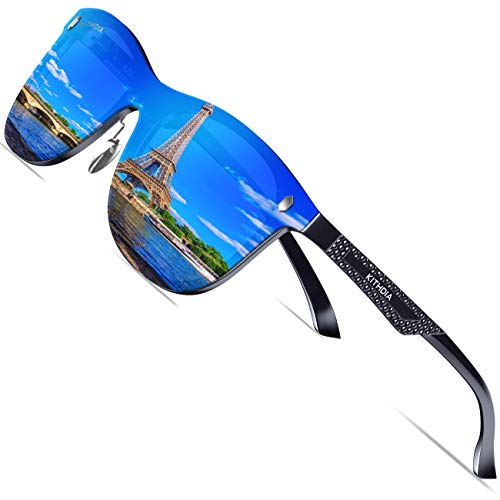 KITHDIA Klassik Polarisiert Sonnenbrille Herren Aluminium Magnesium Metallrahmen S143 (Blau Linse/Schwarz-S8203) von KITHDIA