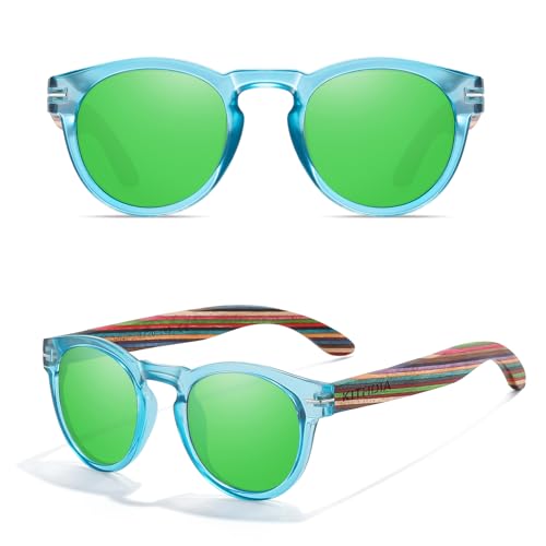 KITHDIA Klassisch Retro Runde Sonnenbrille Damen Polarisierte Sonnenbrille Holz mit UV400 Schutz S5092 von KITHDIA