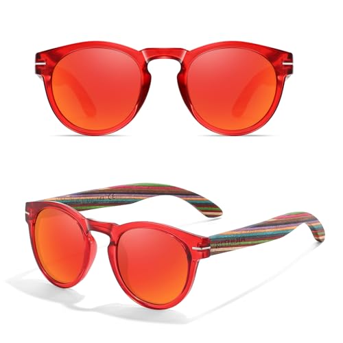 KITHDIA Klassisch Retro Runde Sonnenbrille Damen Polarisierte Sonnenbrille Holz mit UV400 Schutz S5092 von KITHDIA