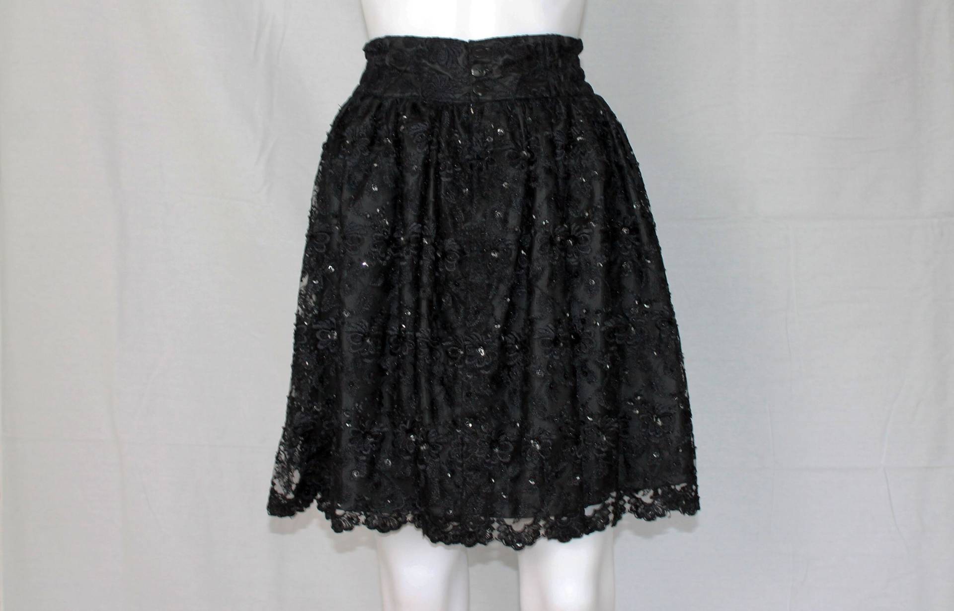 Kitschschick 1990S Laceskirt With Sequins & Beads Embroidery/Vintage Skirt Lace in Floral Design Black Retro A-Line von KITSCHSCHICK